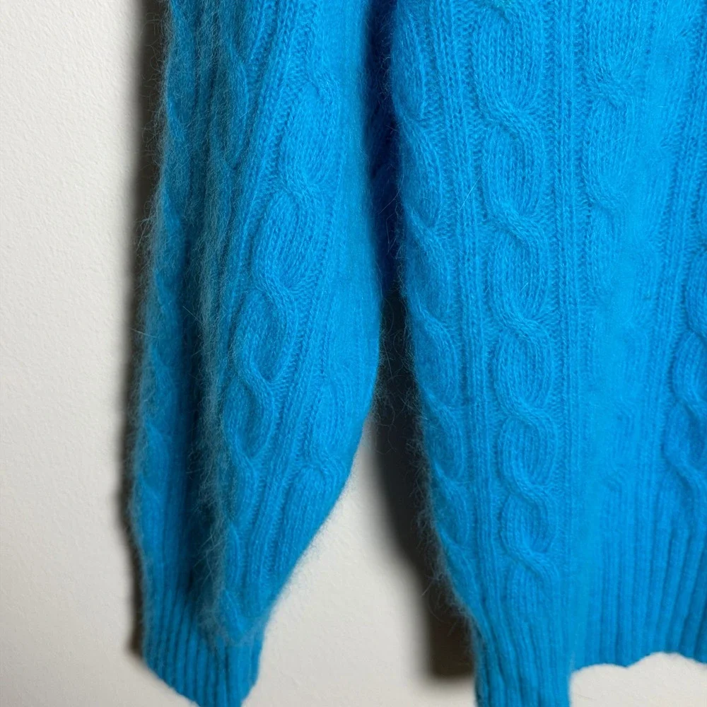 Courtenay Womens Lambswool Angora Sweater M Blue Cable Knit Mock Winter Soft 90s